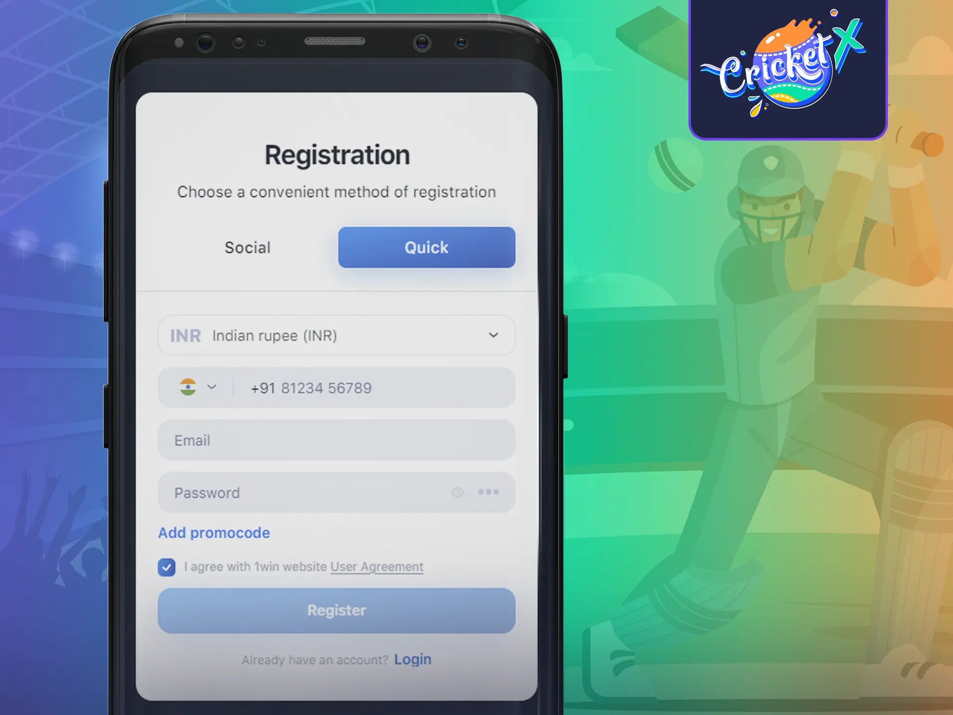 Learn how to register through mobile app to start playing CricketX.